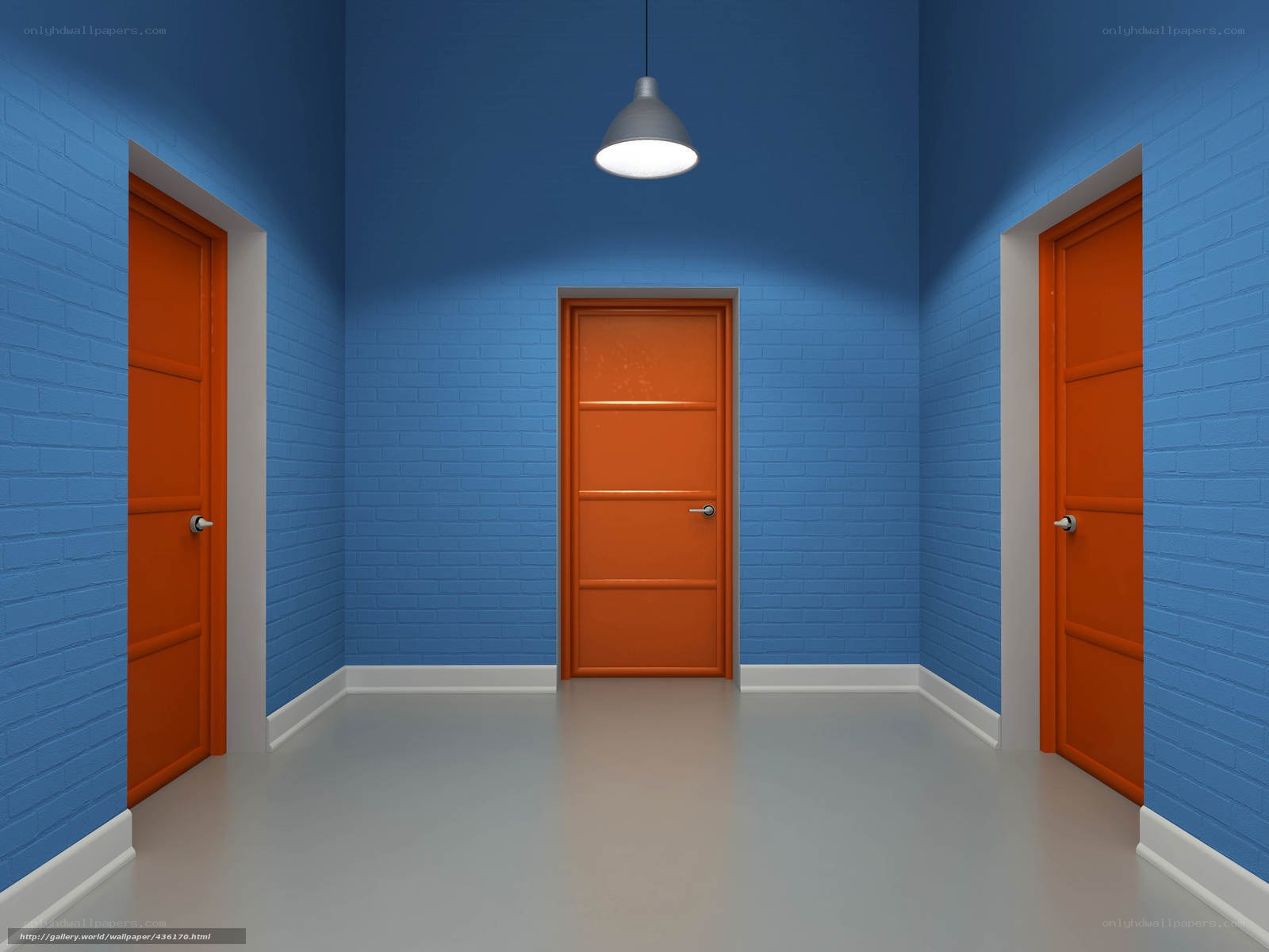 Blue hallway with orange doors