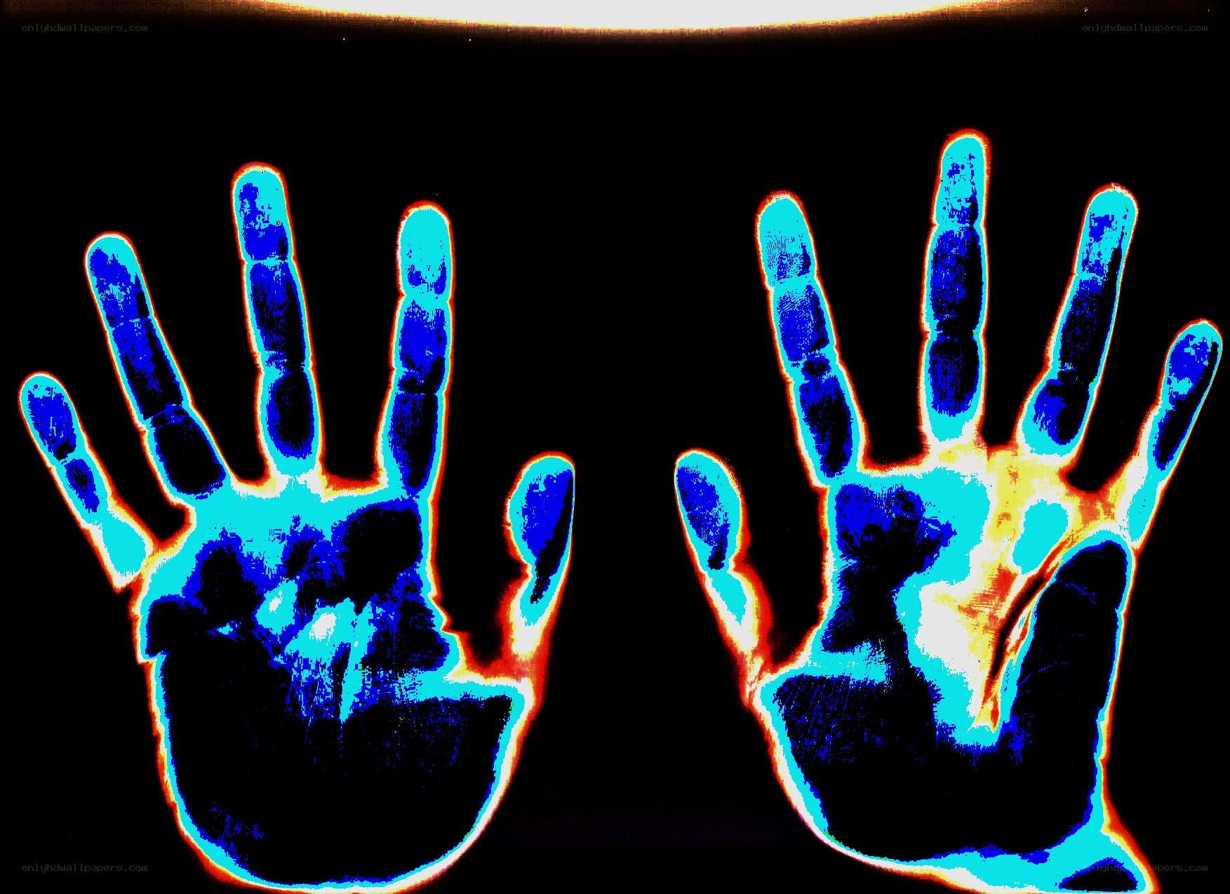 blue handprints on black