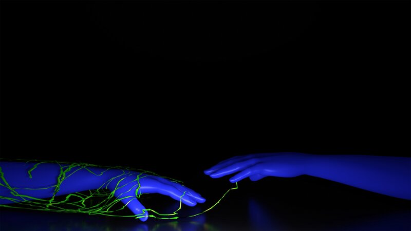 blue hands with green network