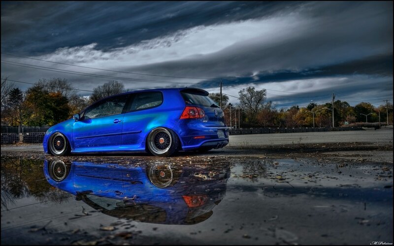 Blue Hatchback Car — Dramatic, Autumn