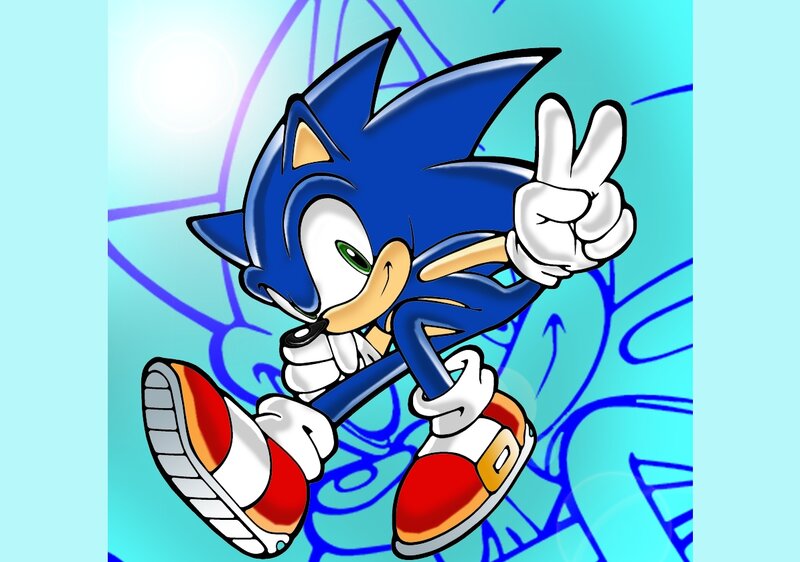 Blue Hedgehog Character — Energetic, Digital Art, Peace Sign