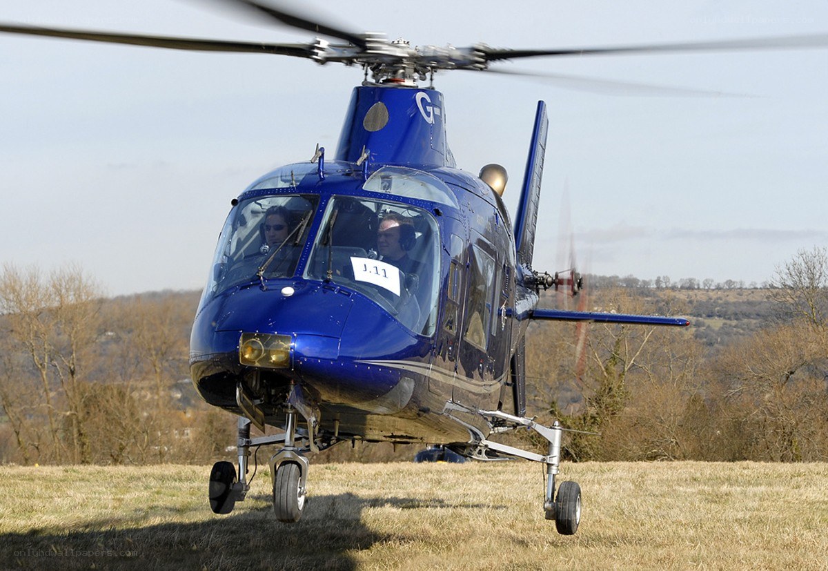 Blue helicopter on grass field