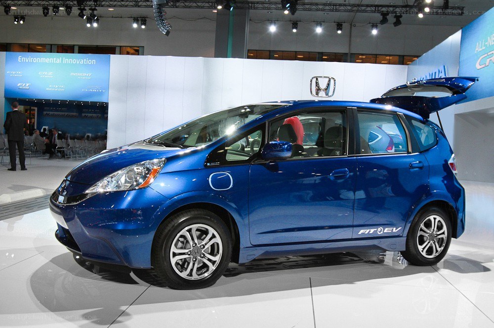 Blue Honda Fit EV on display