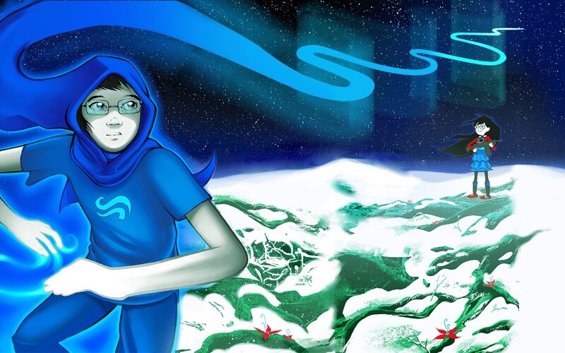 Blue hooded character in snowy landscape