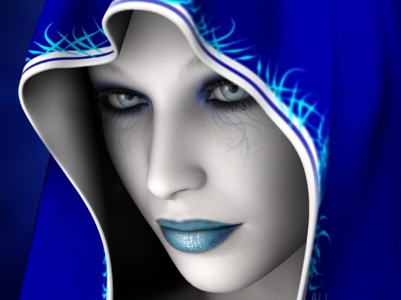 blue-hooded fantasy woman