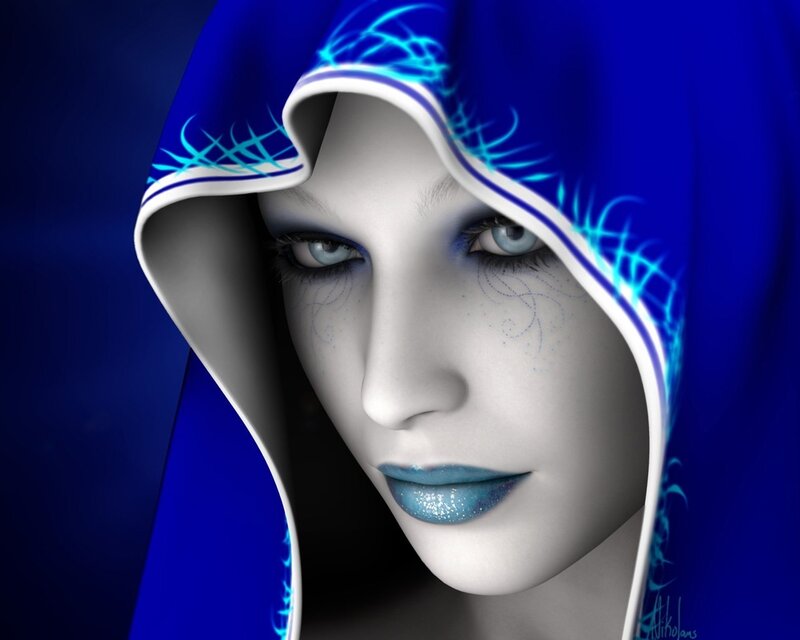 blue-hooded fantasy woman