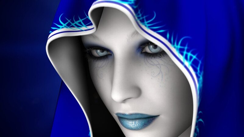 blue-hooded fantasy woman