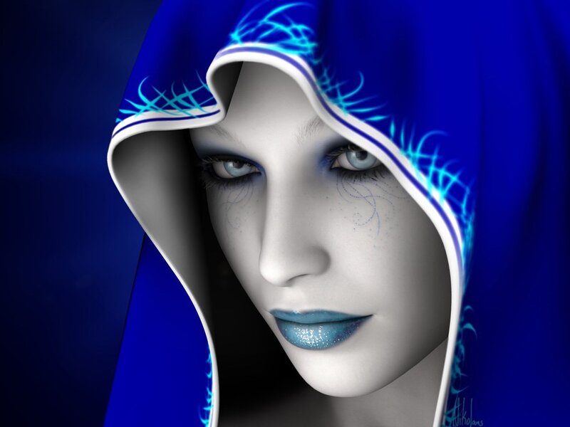 Blue-hooded fantasy woman