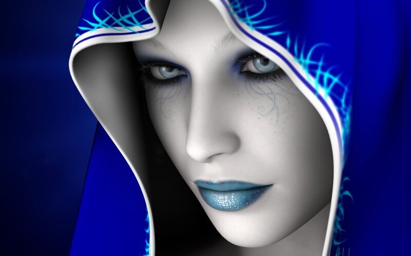 blue-hooded fantasy woman