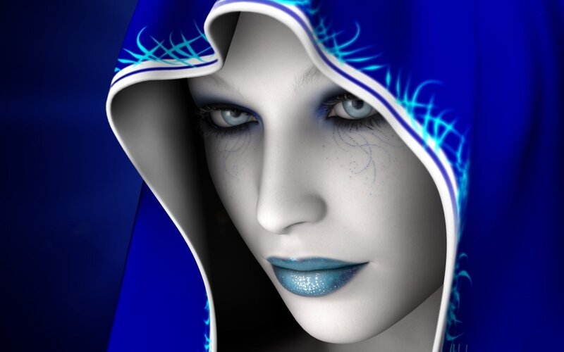 blue-hooded fantasy woman