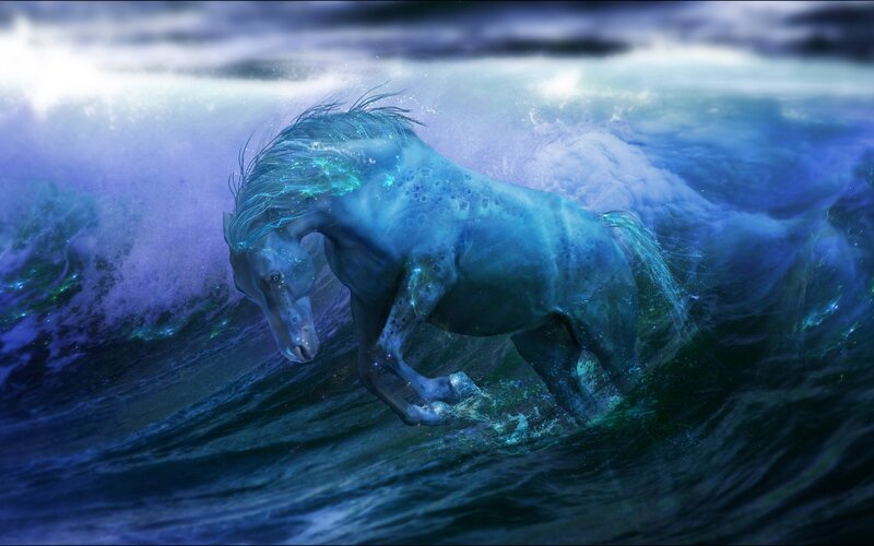 Blue Horse in Ocean — Dramatic, Digital Art