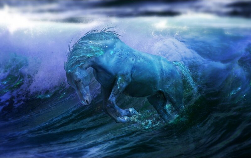 Blue Horse in Ocean — Dramatic
