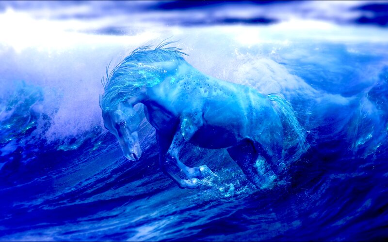 Blue Horse in Waves — Dramatic
