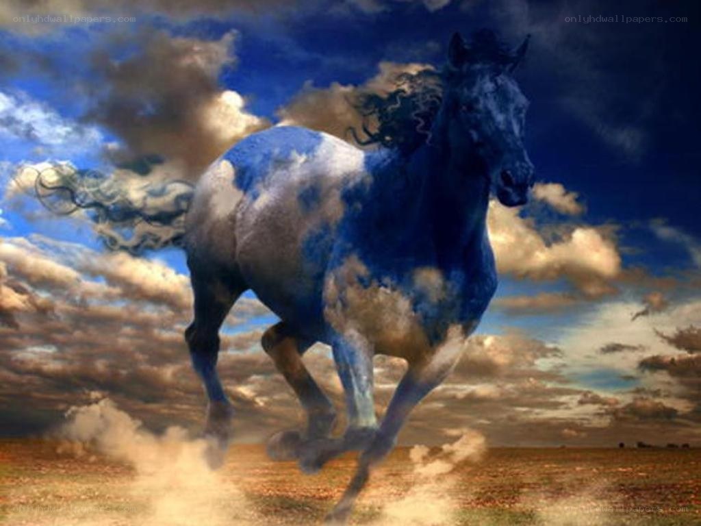 blue horse running in field