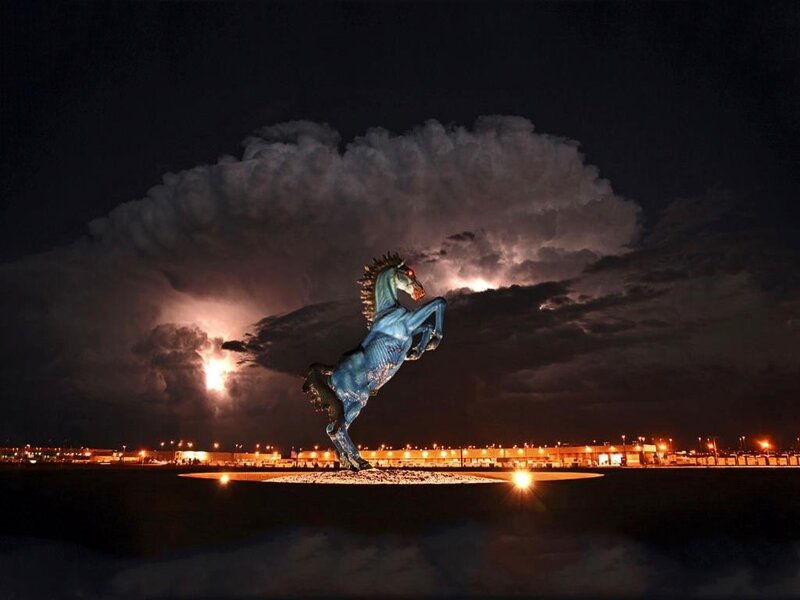 Blue Horse Statue — Dramatic, Night
