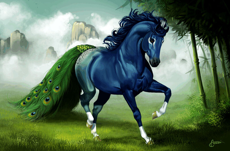 Blue Horse with Peacock Tail — Serene