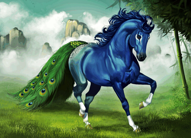 Blue Horse with Peacock Tail