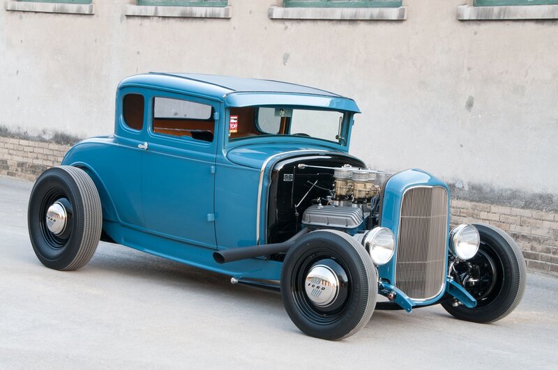 Blue Hot Rod Car — Calm, Afternoon, Photograph, Brick Wall