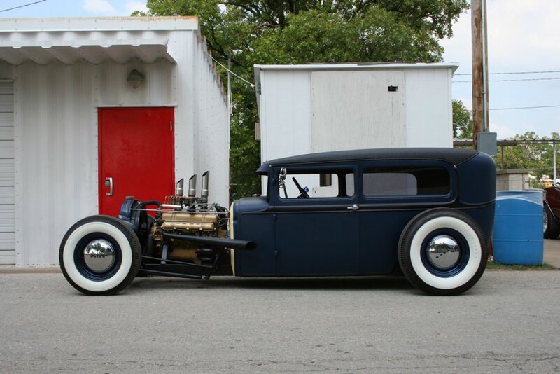Blue Hot Rod Car — Calm, Afternoon, Photograph, Building, Trees