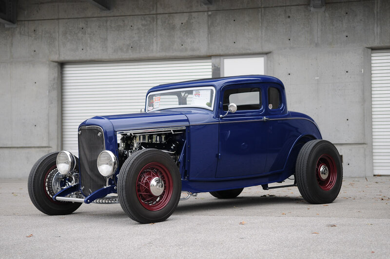 Blue Hot Rod Car — Calm, Afternoon, Photograph, Concrete Wall