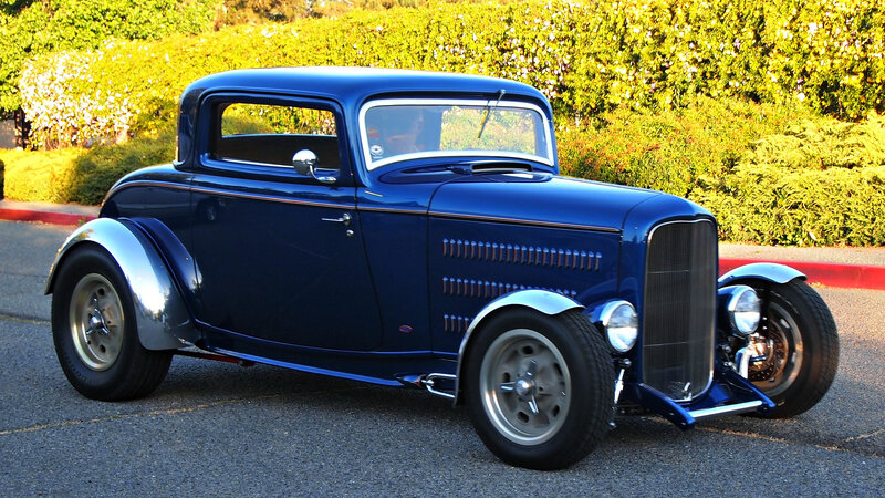 Blue Hot Rod Car — Calm, Afternoon, Photograph, Hedge