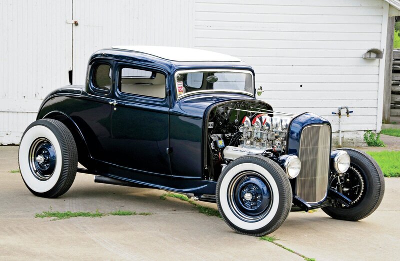 Blue Hot Rod Car — Calm, Afternoon, Photograph, White Building