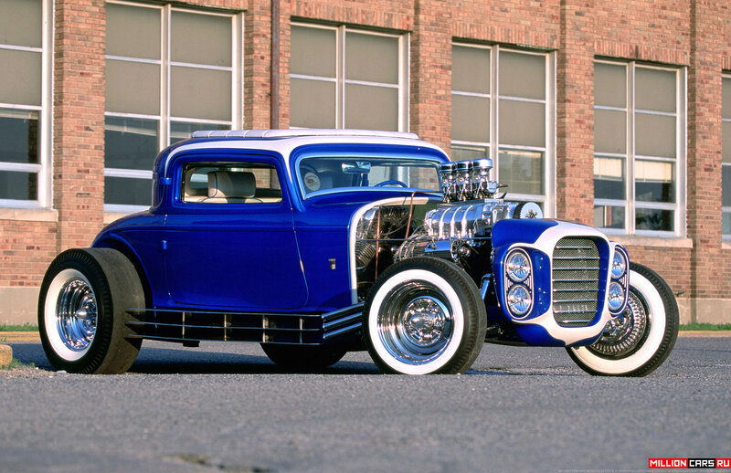 Blue Hot Rod Car — Dramatic, Afternoon, Photograph, Brick Building