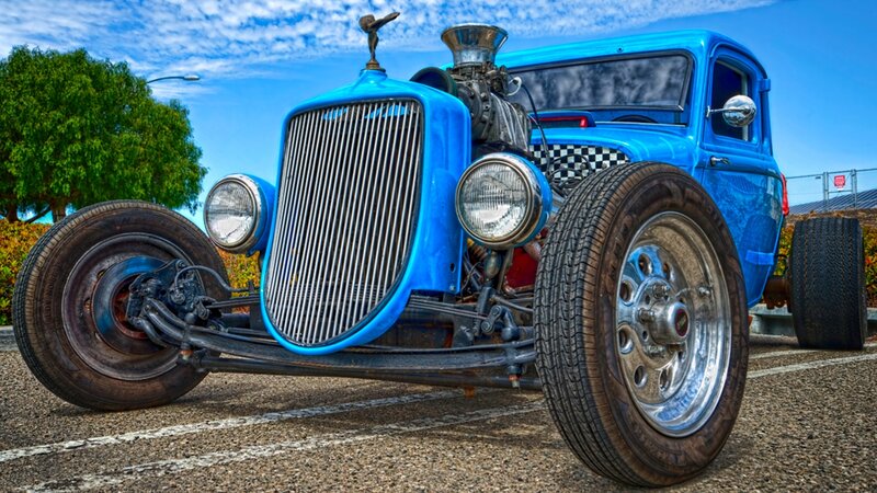 Blue Hot Rod Car — Dramatic, Afternoon, Photograph, Tree