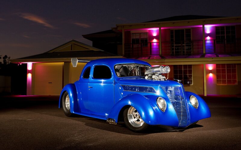 Blue Hot Rod Car — Dramatic, Night, Photograph