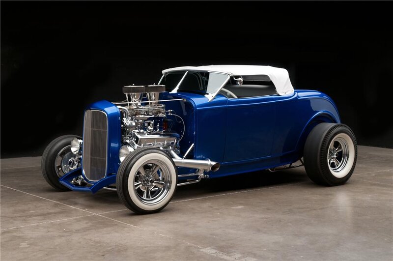 Blue Hot Rod Car — Dramatic, Photograph, White Convertible Top