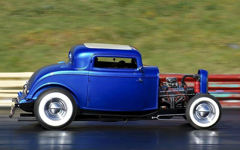 Blue Hot Rod Car — Dynamic, Afternoon, Photograph, White Wall Tires