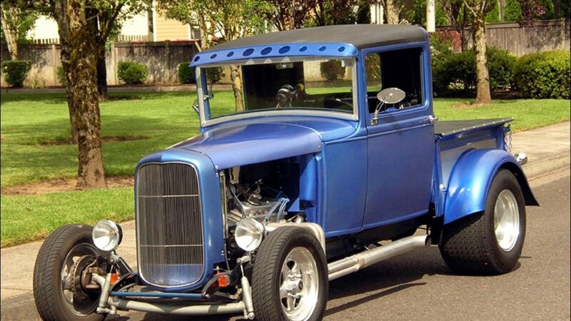 Blue Hot Rod Truck — Calm, Afternoon, Photograph, Grass