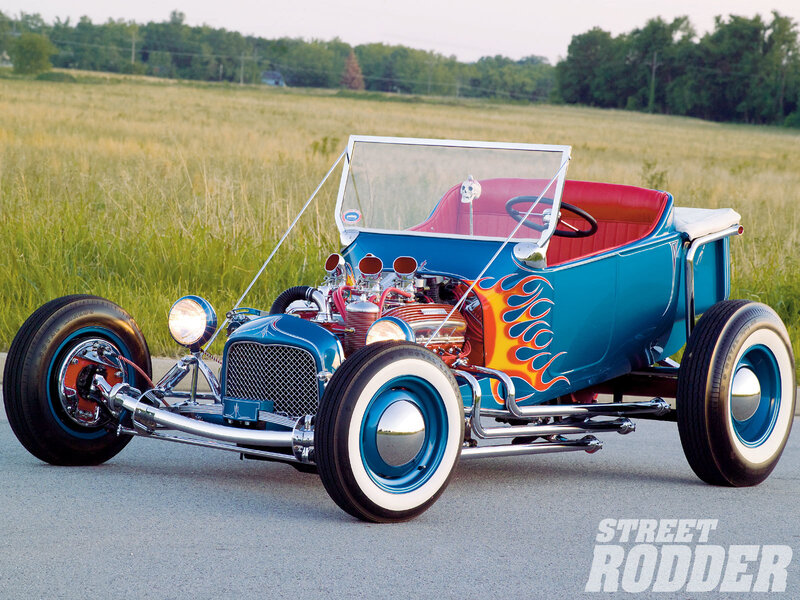 Blue hot rod with flames