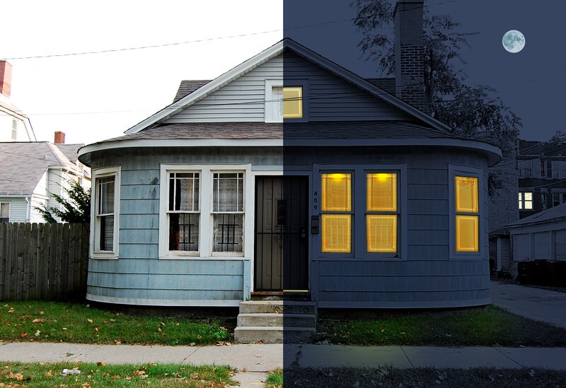 Blue House at Day and Night