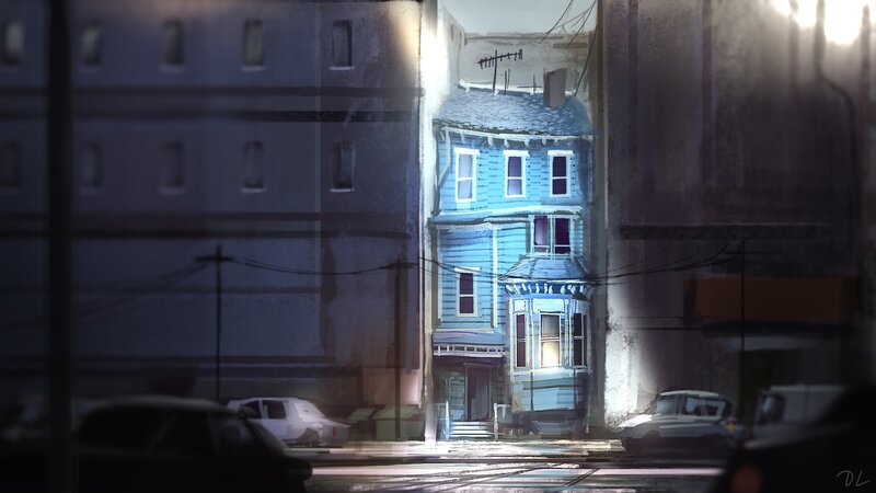 Blue House at Night — Dark