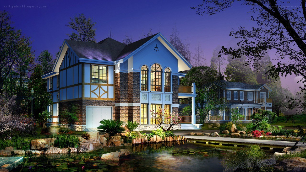 Blue house by a pond at night
