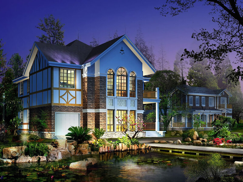 blue house by pond at dusk