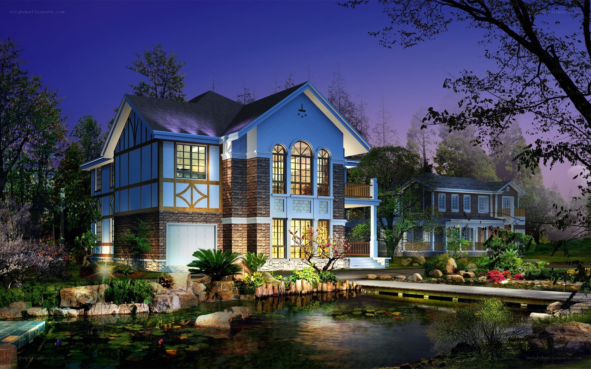 blue house by pond at night