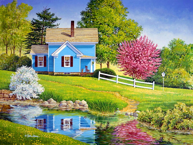 Blue House by Pond