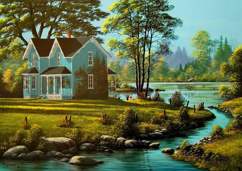 Blue House by River — Serene