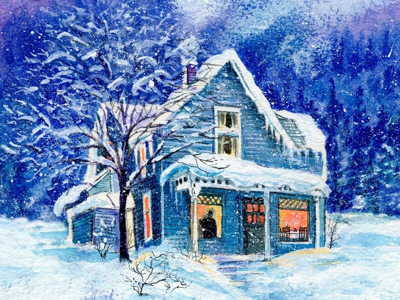Blue House in Snow — Cozy