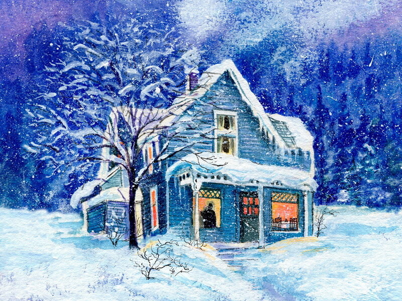 Blue House in Snow — Peaceful
