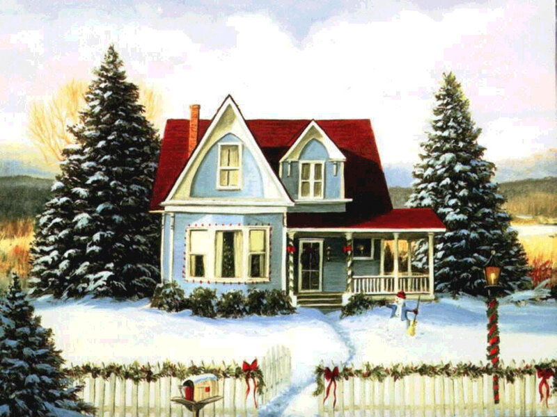 Blue House in Snow — Peaceful, Winter