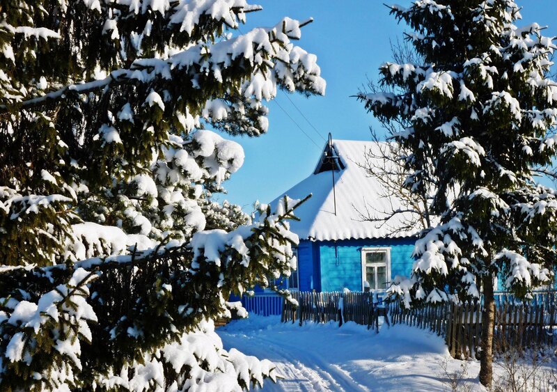 Blue House in Snow — Serene