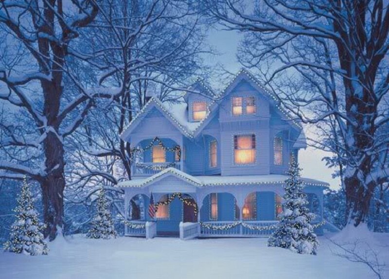 Blue House in Snow — Serene, Winter, Digital Art