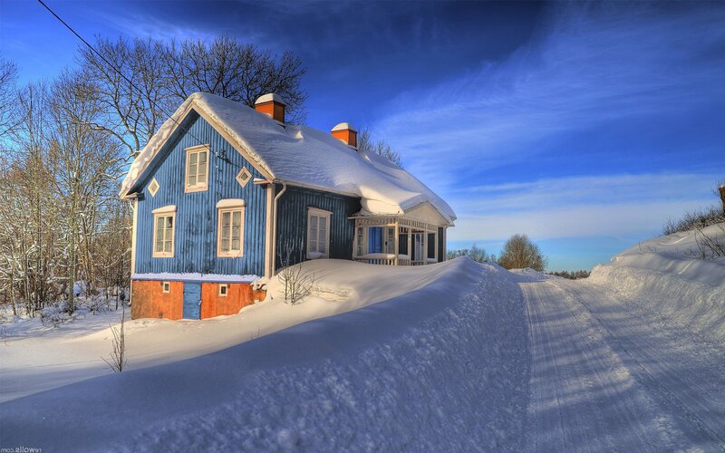 Blue House in Snow — Serene, Winter, Photograph