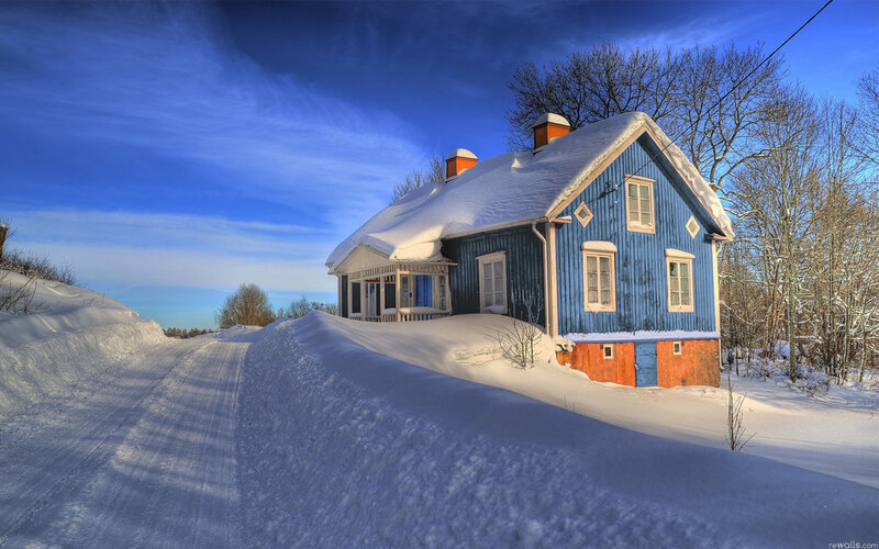 Blue House in Snow — Serene, Winter