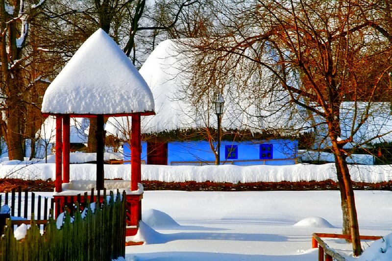 Blue House in Snow — White