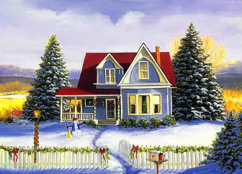 Blue House in Winter — Peaceful, Painting