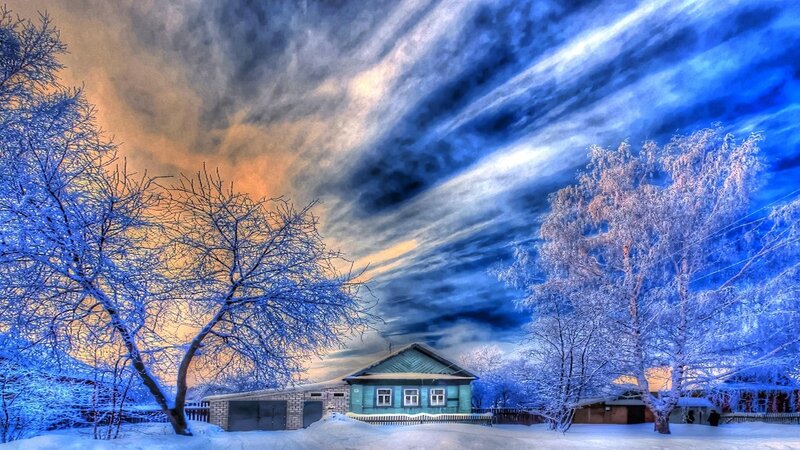 Blue House in Winter